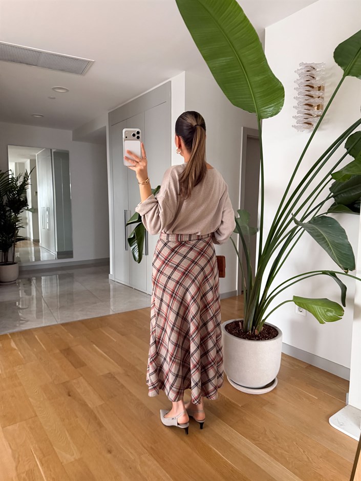 Ekose Desenli Yırtmaçlı Keten Etek