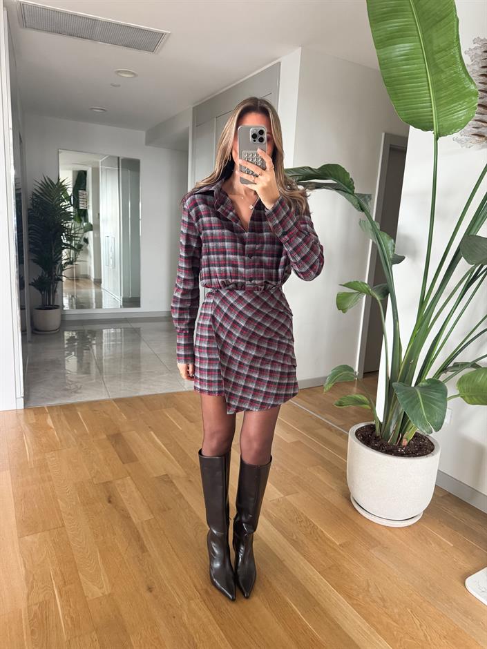 Ekose Düğmeli Mini Elbise - Bordo