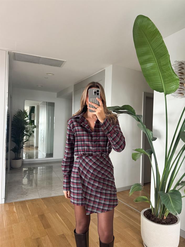 Ekose Düğmeli Mini Elbise - Bordo