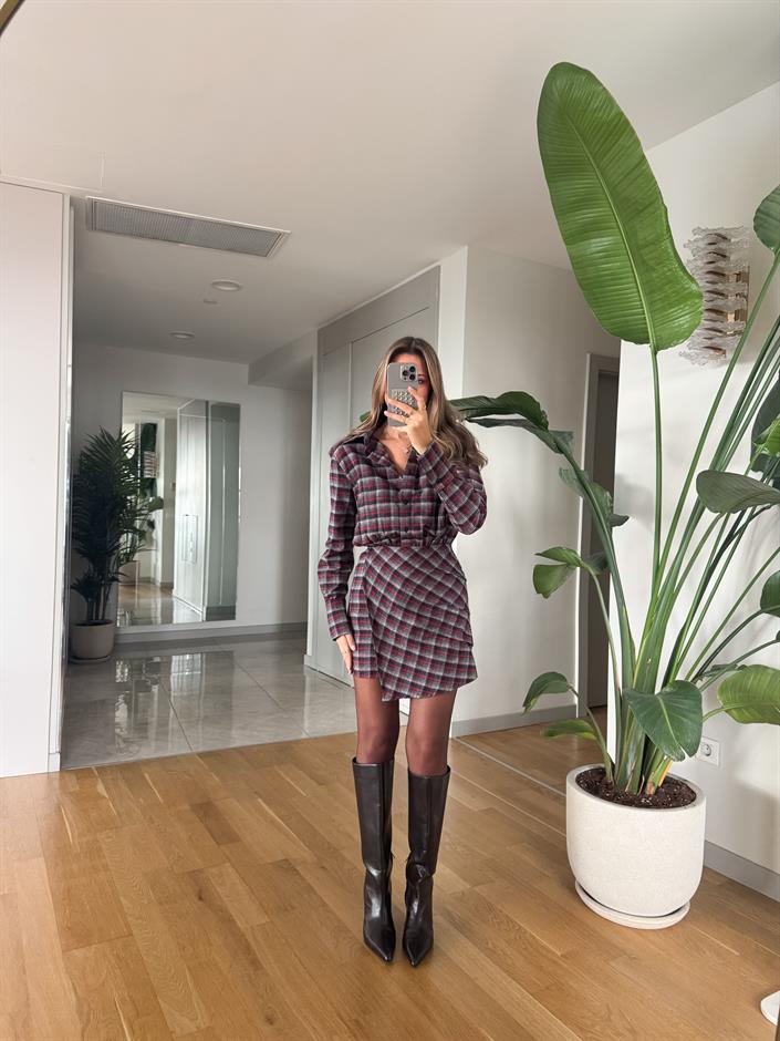 Ekose Düğmeli Mini Elbise - Bordo