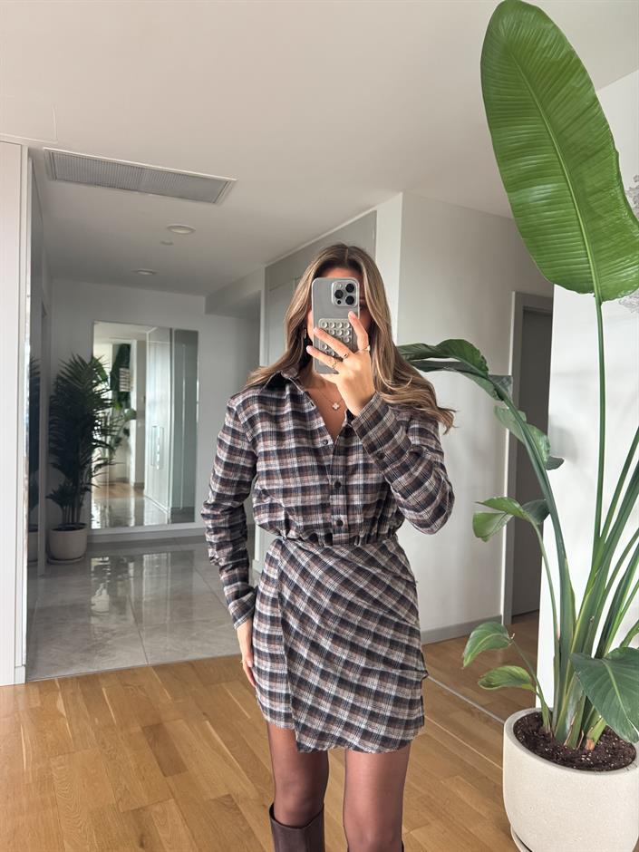 Ekose Düğmeli Mini Elbise - Kahve