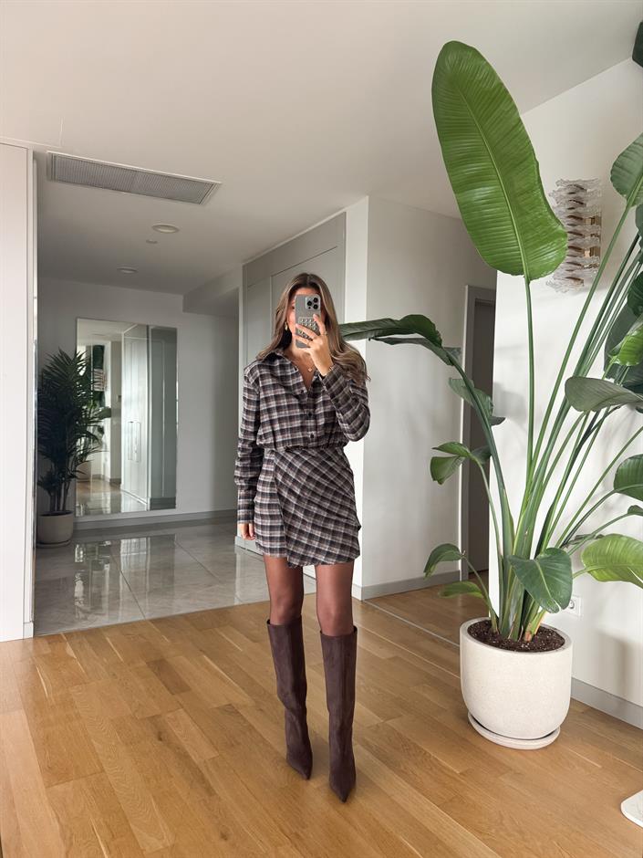 Ekose Düğmeli Mini Elbise - Kahve