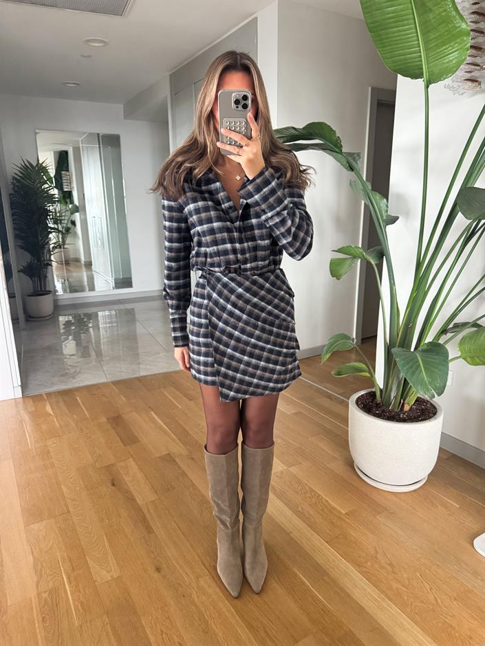 Ekose Düğmeli Mini Elbise - Lacivert