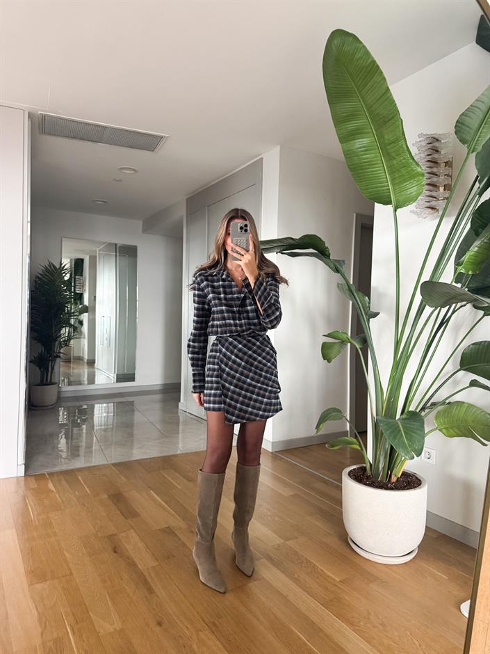 Ekose Düğmeli Mini Elbise - Lacivert