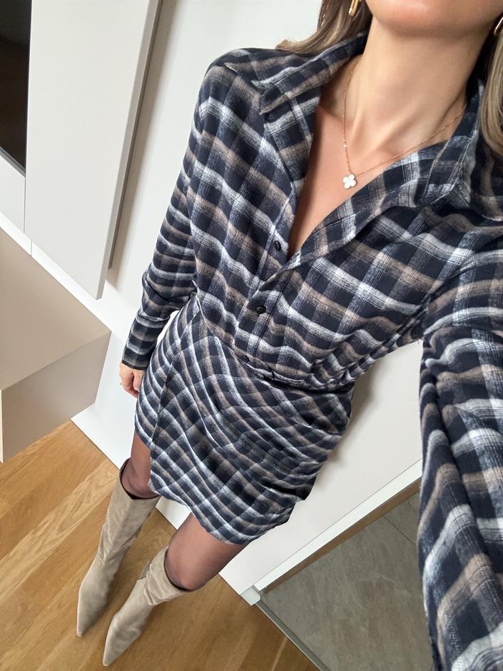 Ekose Düğmeli Mini Elbise - Lacivert