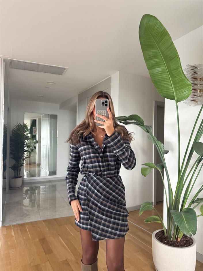 Ekose Düğmeli Mini Elbise - Lacivert