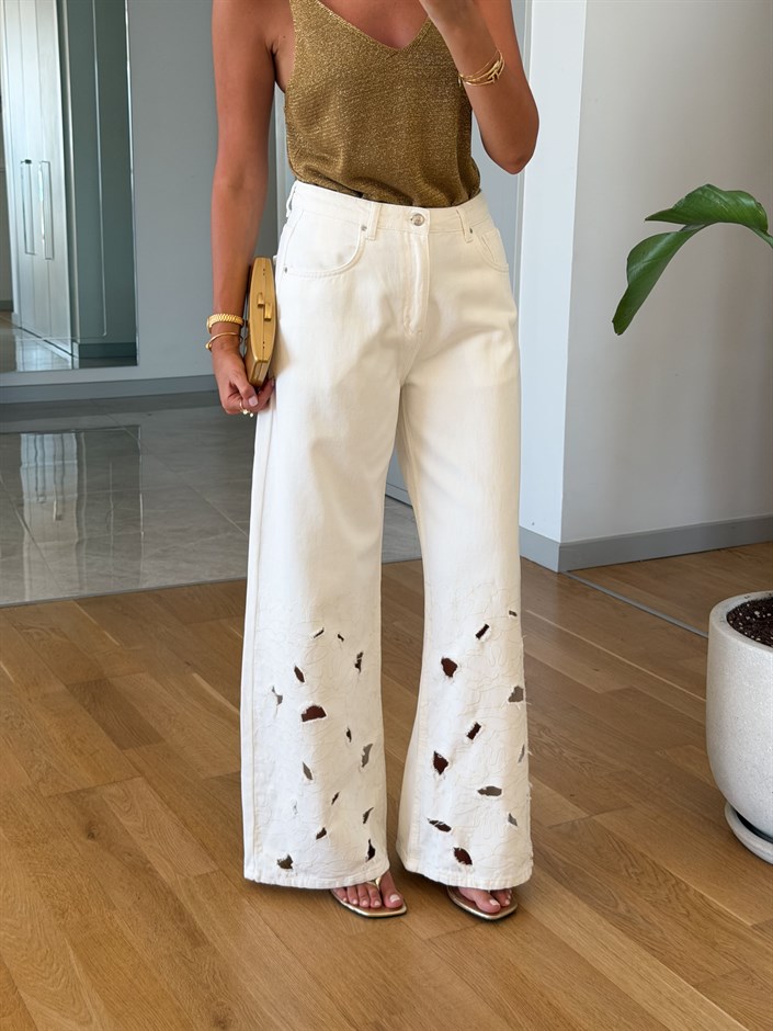 Ekru Delikli Ve Nakışlı Wide Leg Jean