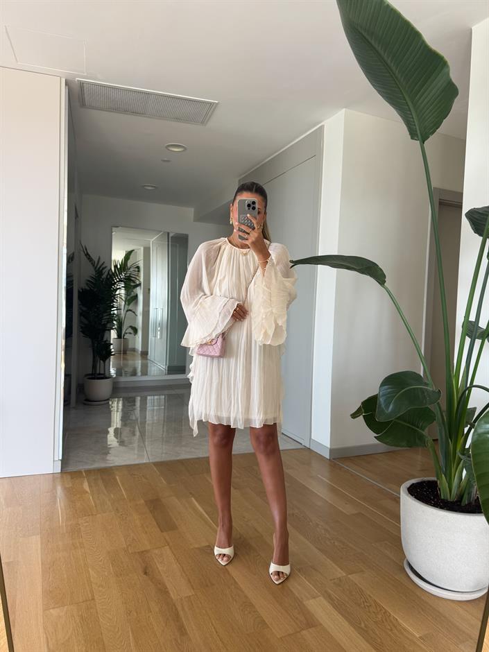 Ekru Farbalalı Şifon Elbise 