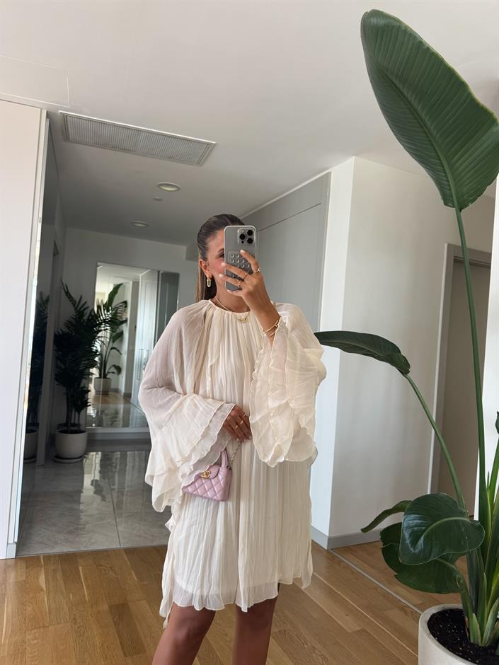 Ekru Farbalalı Şifon Elbise 