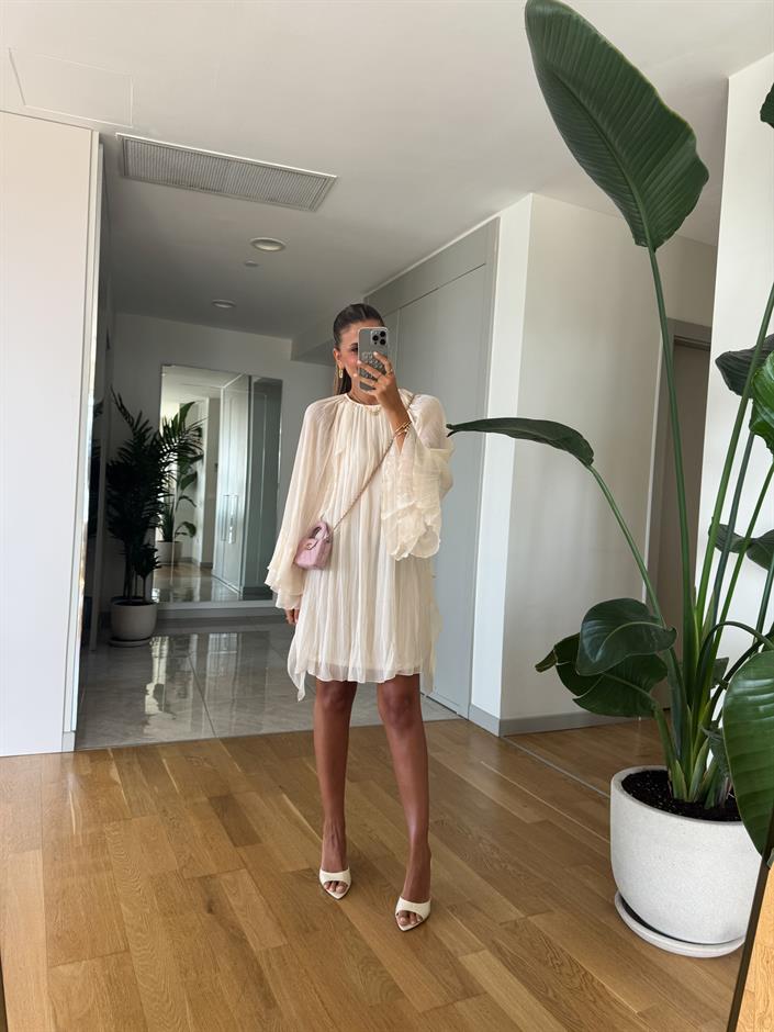 Ekru Farbalalı Şifon Elbise 