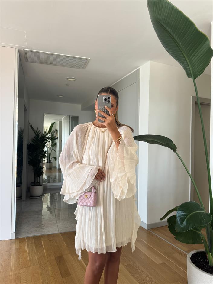 Ekru Farbalalı Şifon Elbise 