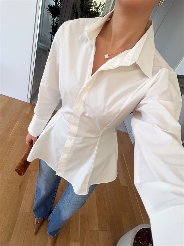 Ekru Pileli Poplin Gömlek 