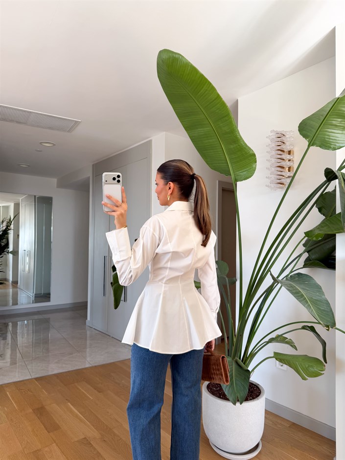 Ekru Pileli Poplin Gömlek 