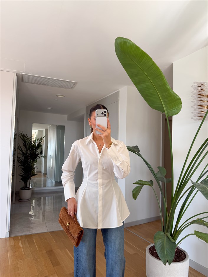 Ekru Pileli Poplin Gömlek 