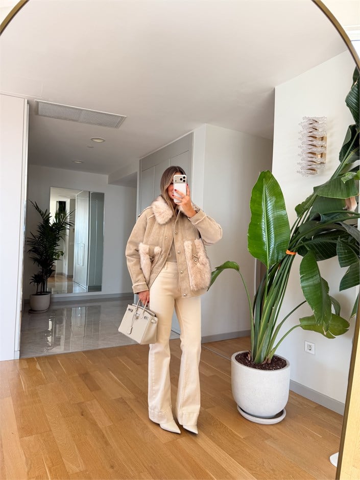 Ekru Süs Cepli Flare Jean 