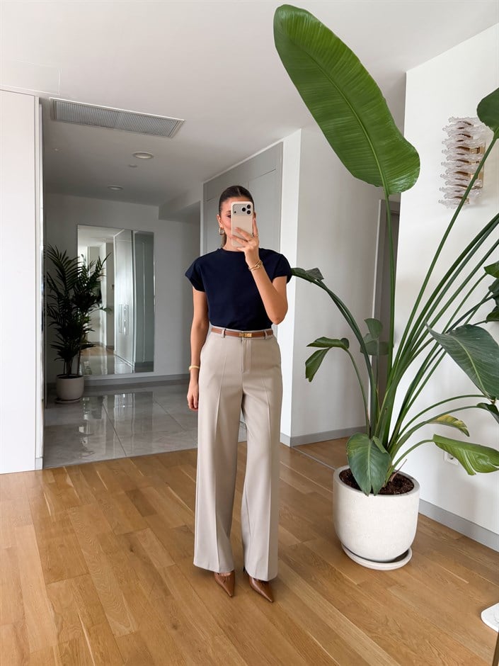 Eleanor Geniş Paça Pantolon - Bej