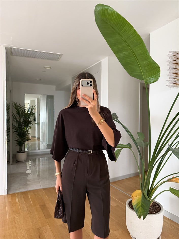 Elena Pelerin Kol T-shirt - Kahve
