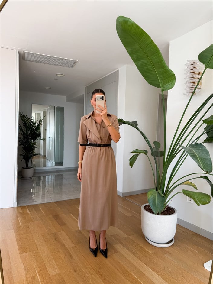 Elijah Vatkalı Kemerli Elbise - Bej