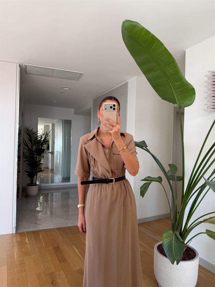 Elijah Vatkalı Kemerli Elbise - Bej