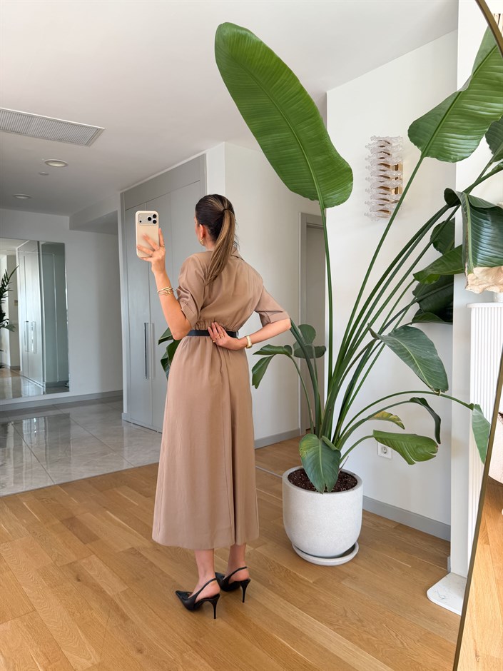 Elijah Vatkalı Kemerli Elbise - Bej