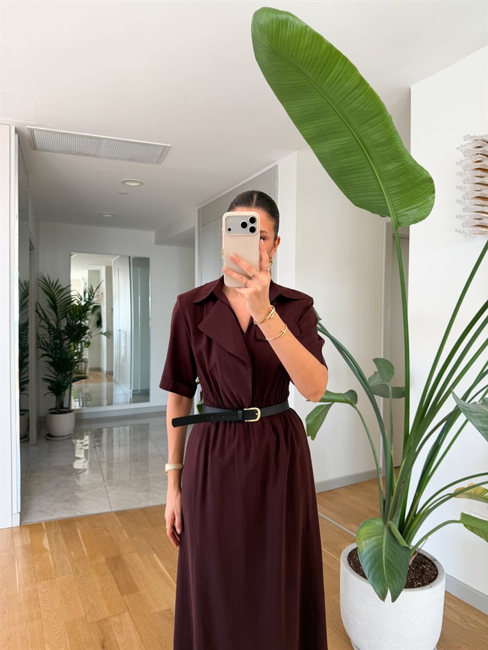 Elijah Vatkalı Kemerli Elbise - Kahve