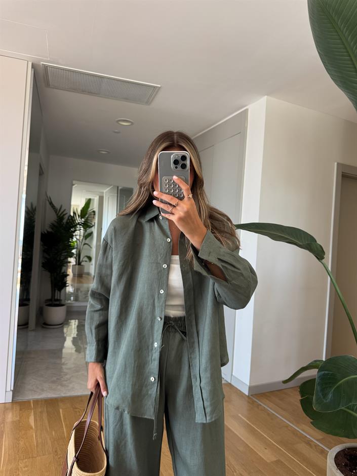 Ella Pamuk Keten Gömlek - Yeşil