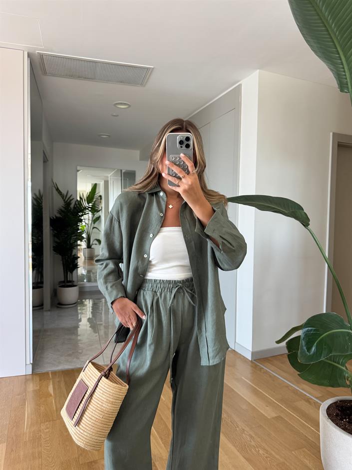 Ella Pamuk Keten Gömlek - Yeşil