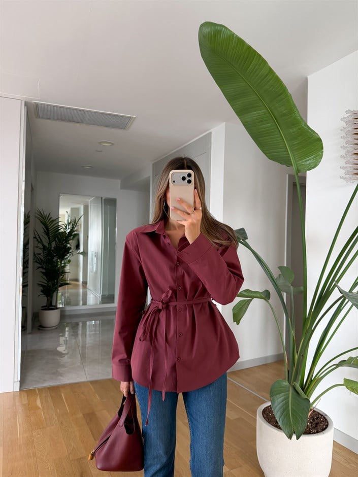 Elvis İp Kemerli Poplin Gömlek - Bordo