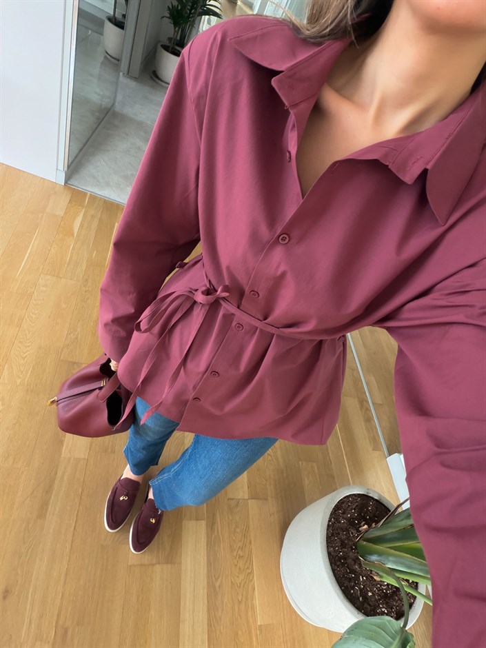 Elvis İp Kemerli Poplin Gömlek - Bordo