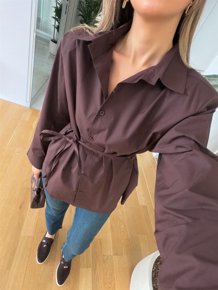 Elvis İp Kemerli Poplin Gömlek - Kahve