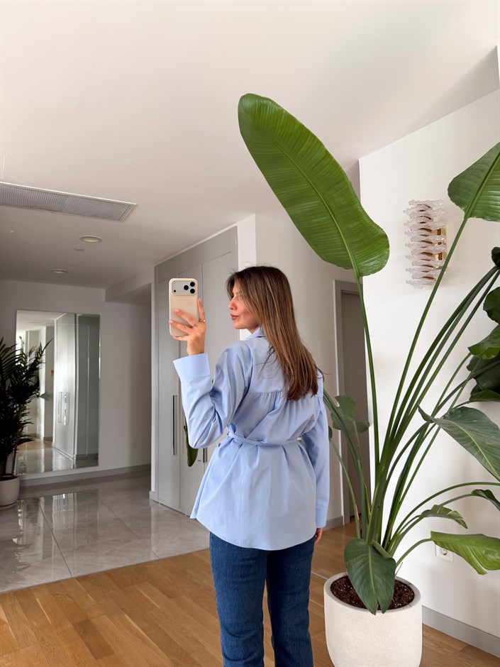 Elvis İp Kemerli Poplin Gömlek - Mavi 