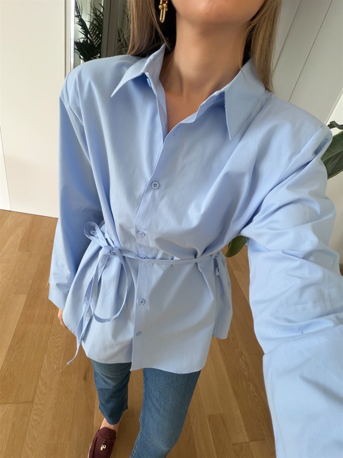 Elvis İp Kemerli Poplin Gömlek - Mavi 