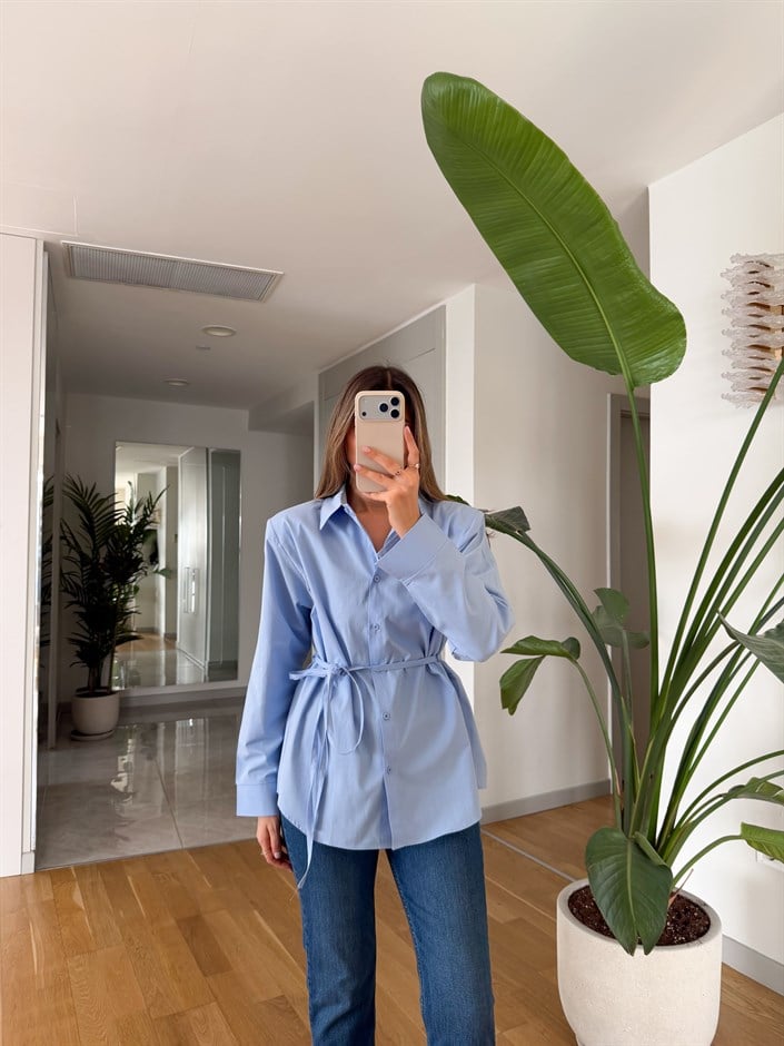 Elvis İp Kemerli Poplin Gömlek - Mavi 