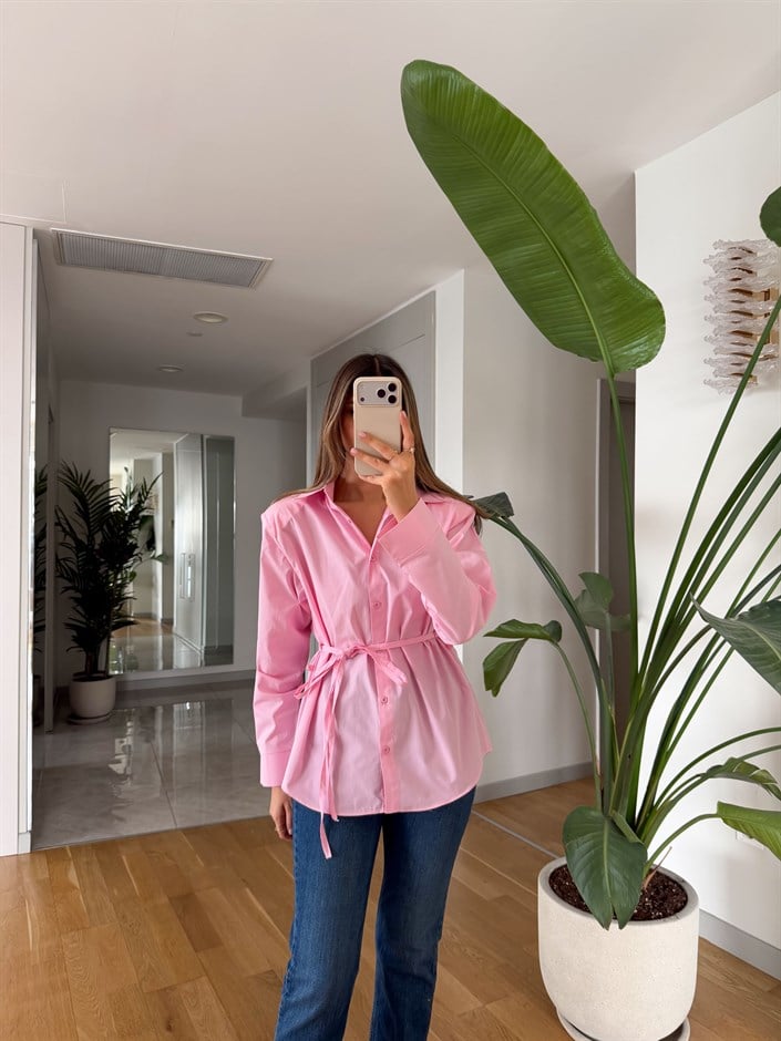 Elvis İp Kemerli Poplin Gömlek - Pembe