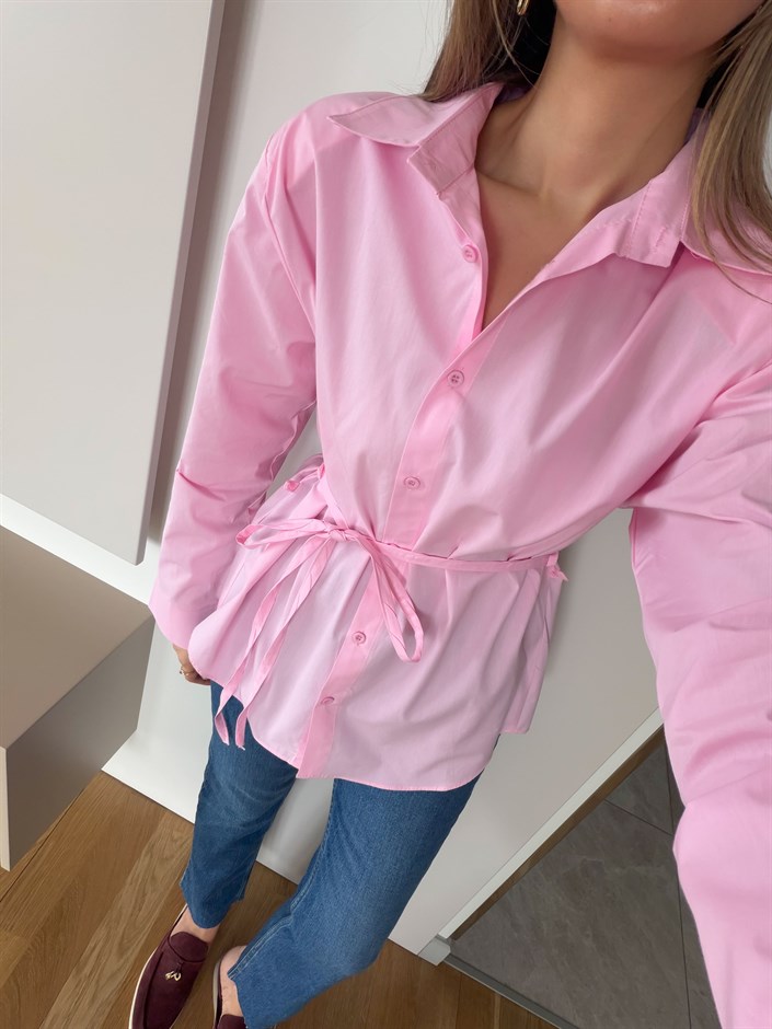 Elvis İp Kemerli Poplin Gömlek - Pembe