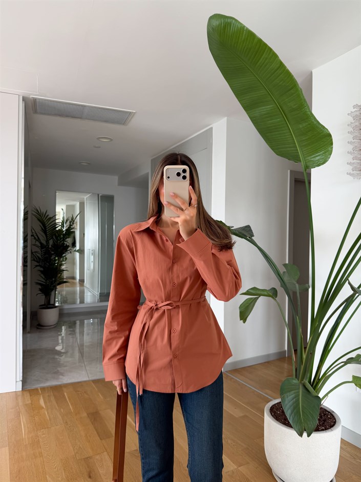 Elvis İp Kemerli Poplin Gömlek - Tarçın