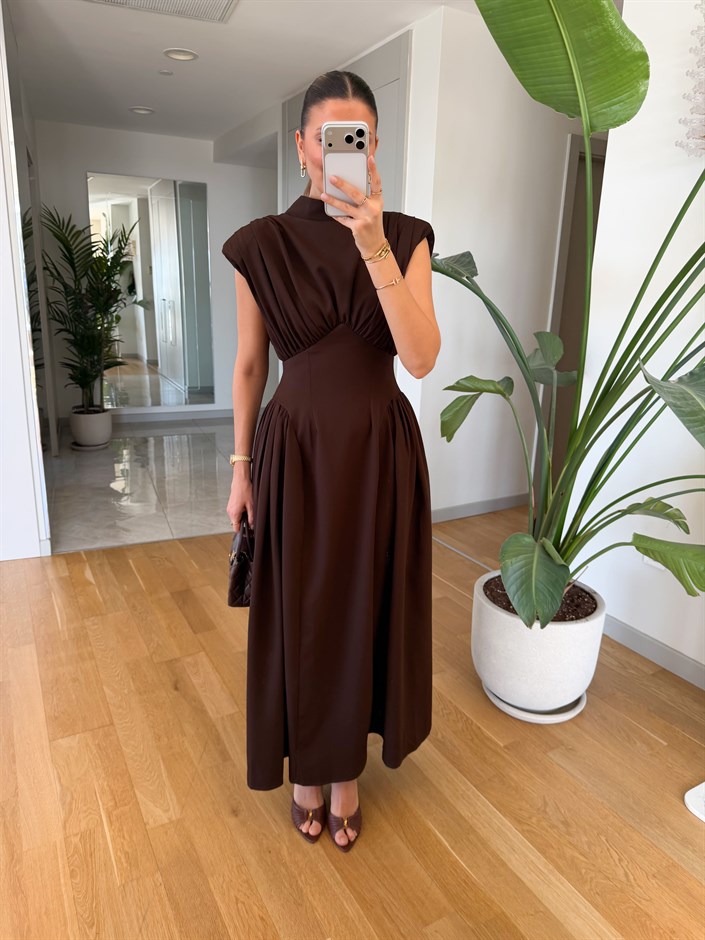 Elvis Vatkalı Belden Oturmalı Elbise - Kahve