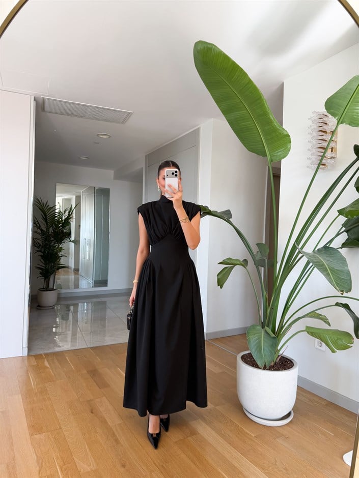 Elvis Vatkalı Belden Oturmalı Elbise - Siyah