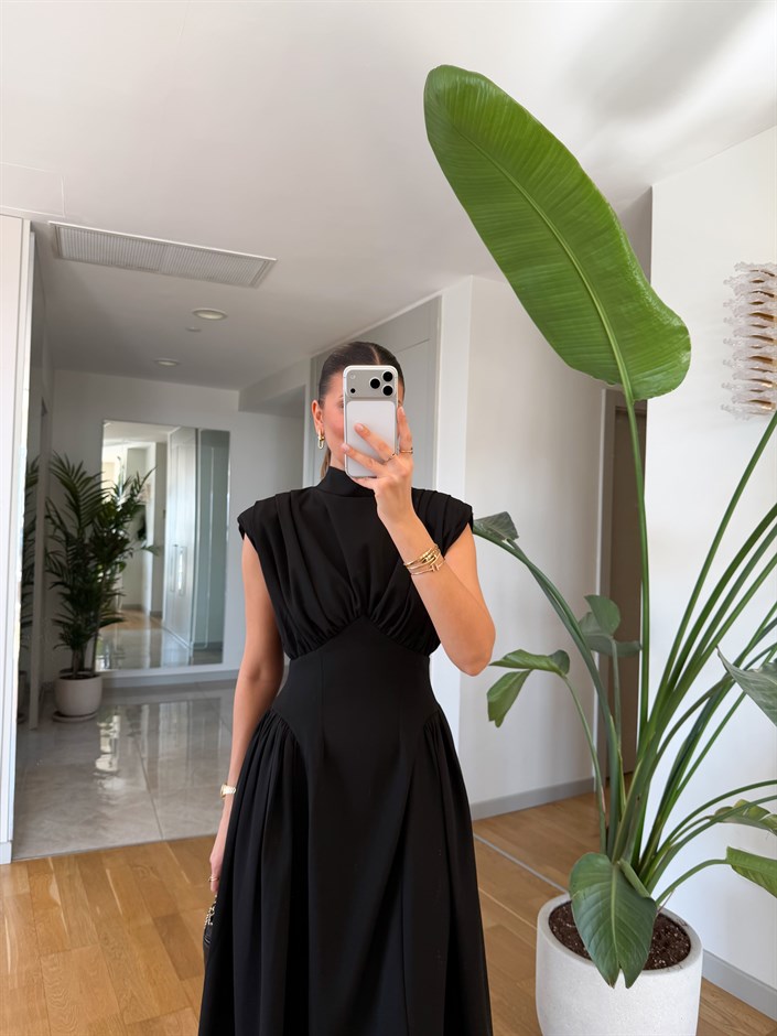 Elvis Vatkalı Belden Oturmalı Elbise - Siyah