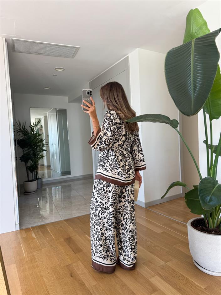 Etnik Desenli Kimono Takım - Kahve