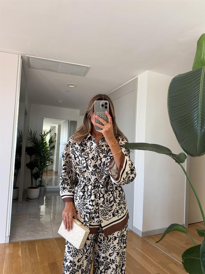 Etnik Desenli Kimono Takım - Kahve
