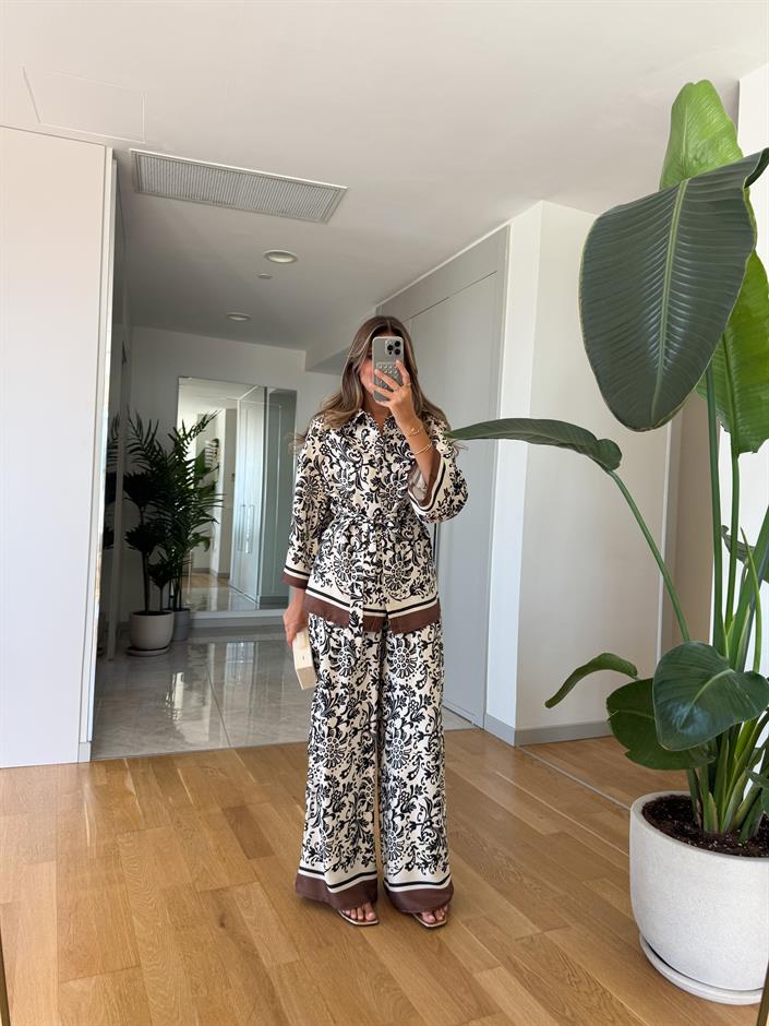 Etnik Desenli Kimono Takım - Kahve