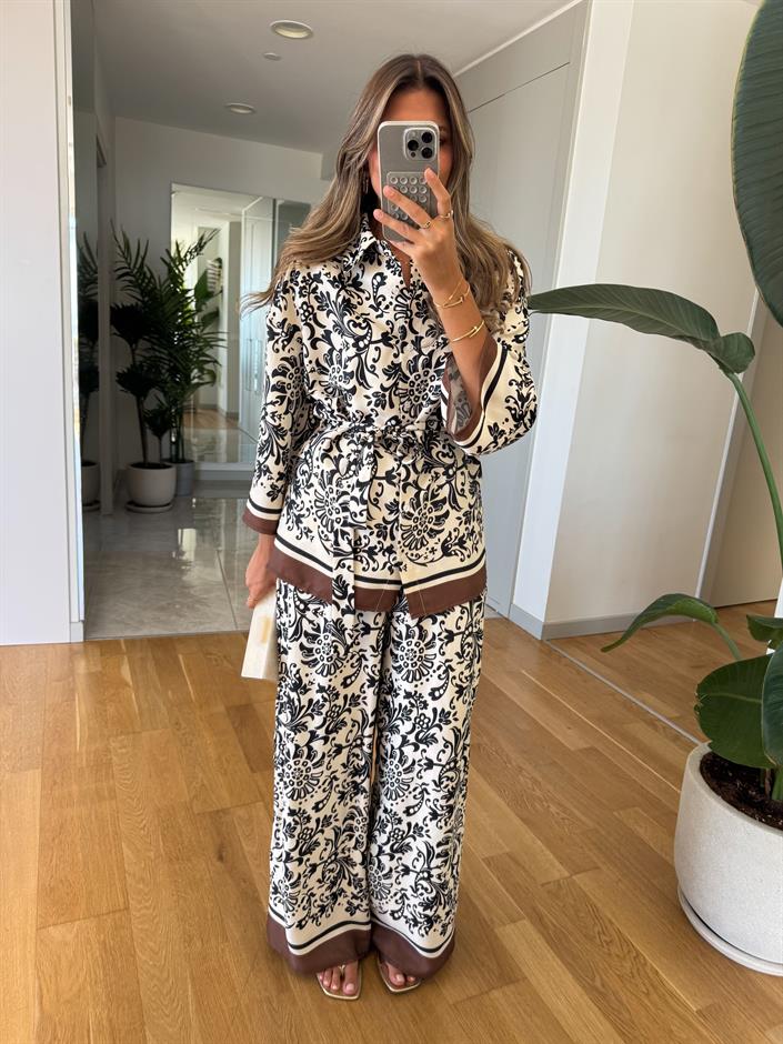 Etnik Desenli Kimono Takım - Kahve