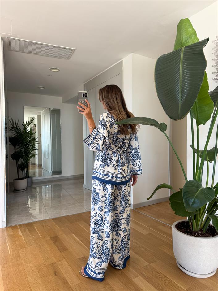 Etnik Desenli Kimono Takım - Mavi 