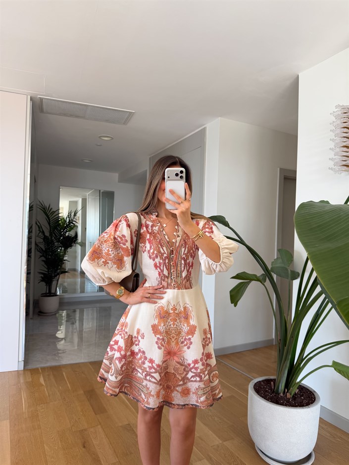 Etnik Desenli Mini Elbise 