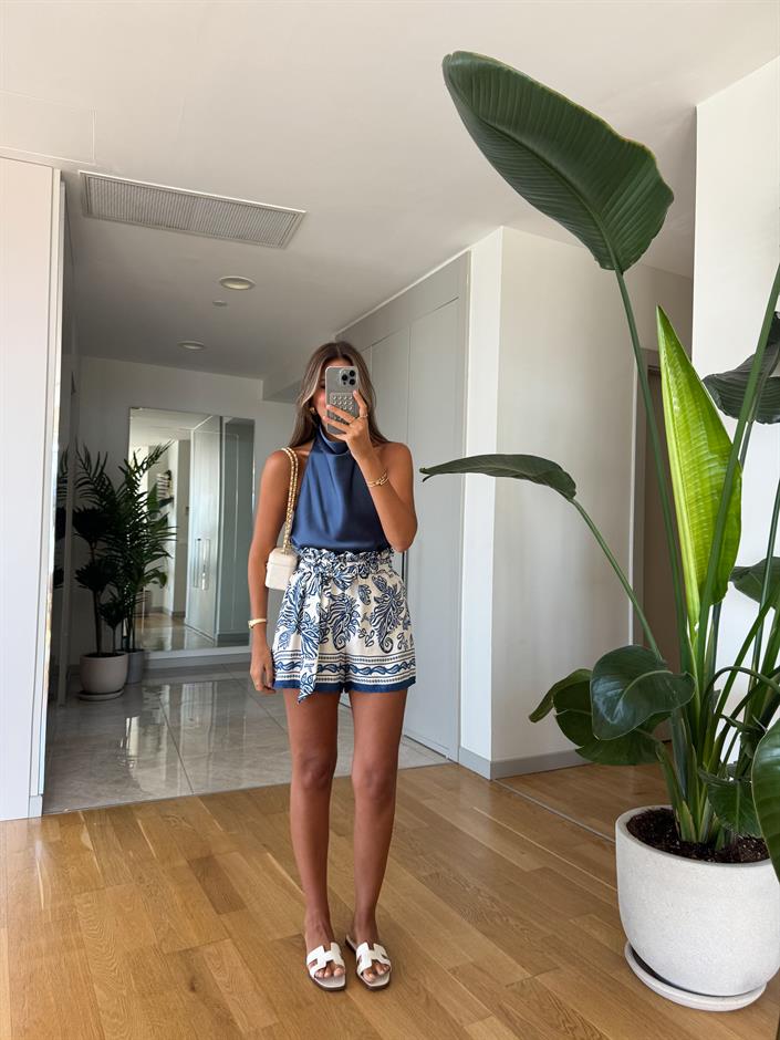 Etnik Desenli Saten Şort - Mavi