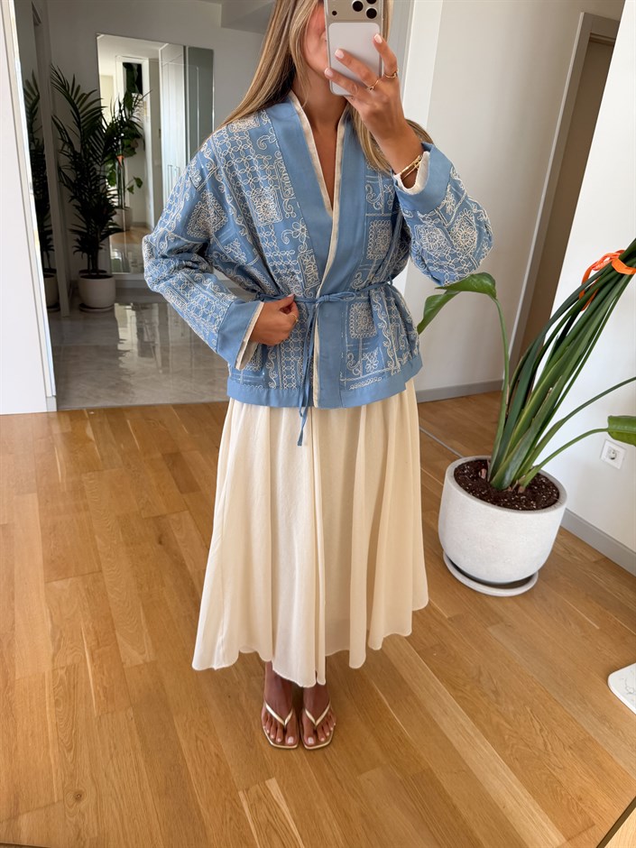 Etnik Nakışlı Kuşaklı Kimono - Mavi 