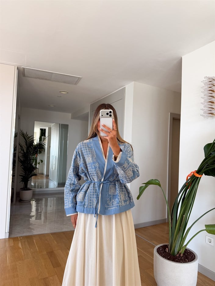Etnik Nakışlı Kuşaklı Kimono - Mavi 
