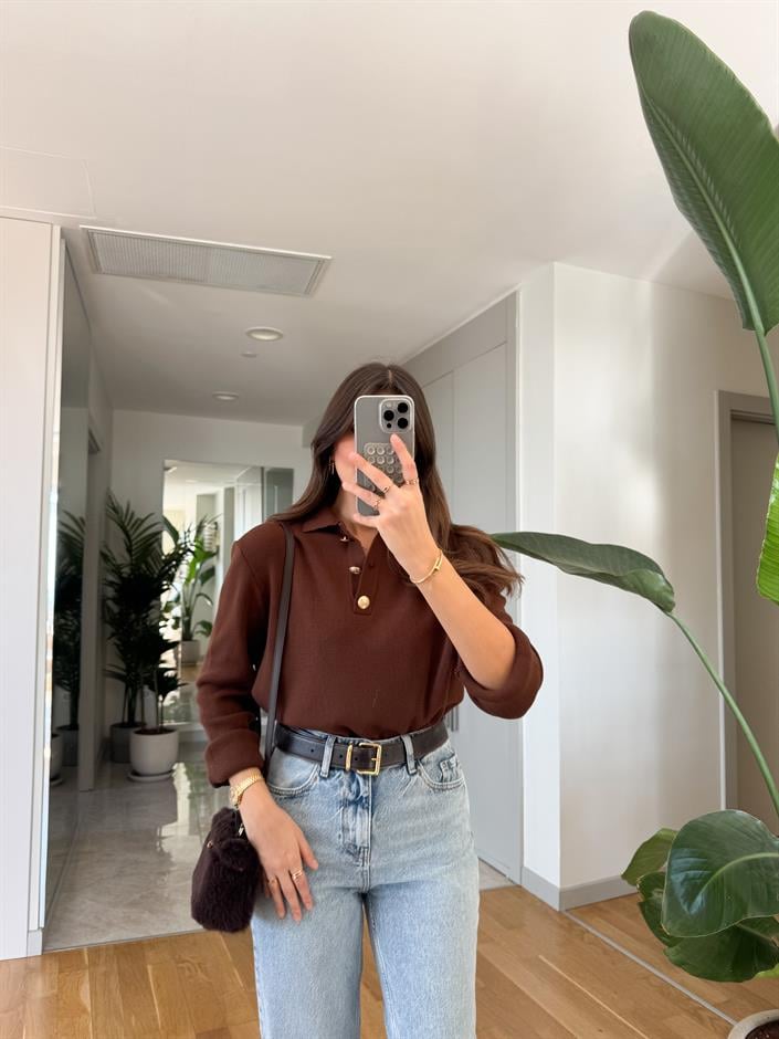 Evelyn Gold Düğmeli Polo Yaka  Triko - Kahve
