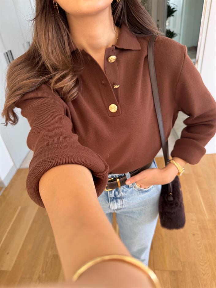 Evelyn Gold Düğmeli Polo Yaka  Triko - Kahve